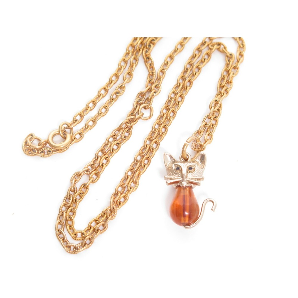 VINTAGE AMBER BEAD KITTY CAT GOLD‎ PLATED PENDANT & CHAIN NECKLACE ANIMAL LOVE